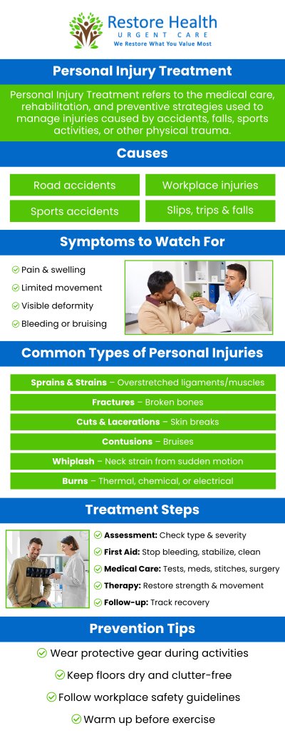 Common questions asked by patients. What are considered personal injuries? Is pain and suffering a personal injury? What is a serious personal injury? Visit Restore Health Urgent Care for the treatment of any personal injury. For more information, contact us today or visit us online to book an appointment. We are conveniently located at 1840 Eldron Blvd SE. Suite 1 Palm Bay, FL 32909. We serve patients from Palm Bay FL, Melbourne FL, Malabar FL, June Park FL, ​Grant-Valkaria FL, and surrounding areas. Walk-ins Welcome.