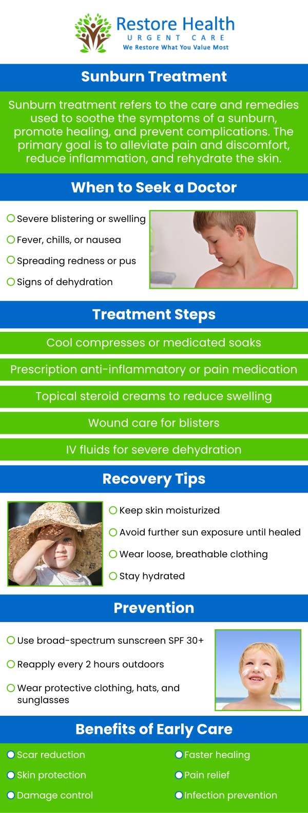 Sunburn treatment cannot heal your skin, but it can help relieve discomfort, redness, swelling, and irritation. If home care is ineffective, or your sunburn is serious and blistering, get medical attention right away. If you or someone you know is experiencing any degree of sunburn, visit our team at Restore Health Urgent Care in Palm Bay, FL today for a medical diagnosis and treatment. For more information, contact us today or visit us online to book an appointment. We are conveniently located at 1840 Eldron Blvd SE. Suite 1 Palm Bay, FL 32909. Sunburn treatment cannot heal your skin, but it can help relieve discomfort, redness, swelling, and irritation. If home care is ineffective, or your sunburn is serious and blistering, get medical attention right away. If you or someone you know is experiencing any degree of sunburn, visit our team at Restore Health Urgent Care in Palm Bay, FL today for a medical diagnosis and treatment. For more information, contact us today or visit us online to book an appointment. We are conveniently located at 1840 Eldron Blvd SE. Suite 1 Palm Bay, FL 32909.
