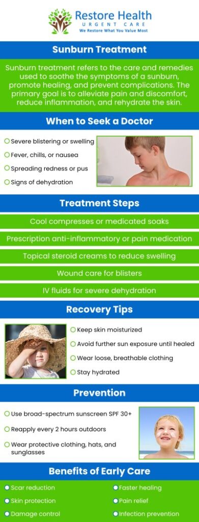 Sunburn treatment cannot heal your skin, but it can help relieve discomfort, redness, swelling, and irritation. If home care is ineffective, or your sunburn is serious and blistering, get medical attention right away. If you or someone you know is experiencing any degree of sunburn, visit our team at Restore Health Urgent Care in Palm Bay, FL today for a medical diagnosis and treatment. For more information, contact us today or visit us online to book an appointment. We are conveniently located at 1840 Eldron Blvd SE. Suite 1 Palm Bay, FL 32909. Sunburn treatment cannot heal your skin, but it can help relieve discomfort, redness, swelling, and irritation. If home care is ineffective, or your sunburn is serious and blistering, get medical attention right away. If you or someone you know is experiencing any degree of sunburn, visit our team at Restore Health Urgent Care in Palm Bay, FL today for a medical diagnosis and treatment. For more information, contact us today or visit us online to book an appointment. We are conveniently located at 1840 Eldron Blvd SE. Suite 1 Palm Bay, FL 32909.