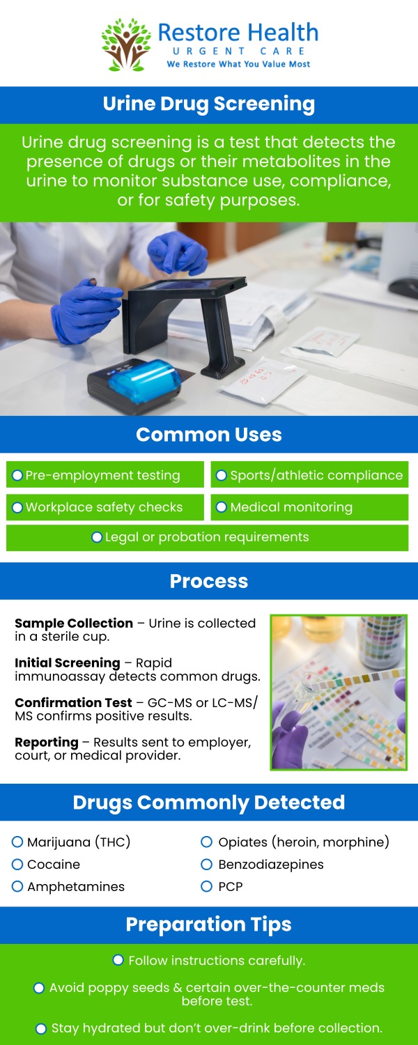 If you are in need of a urine drug screening for pre-employment purposes or rehabilitation reasons, and any other reason, contact our team at Restore Health Urgent Care today! Our clinic is able to offer you quick and reliable urine drug screening quickly and at an affordable cost! For more information, contact us today or visit us online to book an appointment. We are conveniently located at 1840 Eldron Blvd SE. Suite 1 Palm Bay, FL 32909. If you are in need of a urine drug screening for pre-employment purposes or rehabilitation reasons, and any other reason, contact our team at Restore Health Urgent Care today! Our clinic is able to offer you quick and reliable urine drug screening quickly and at an affordable cost! For more information, contact us today or visit us online to book an appointment. We are conveniently located at 1840 Eldron Blvd SE. Suite 1 Palm Bay, FL 32909.