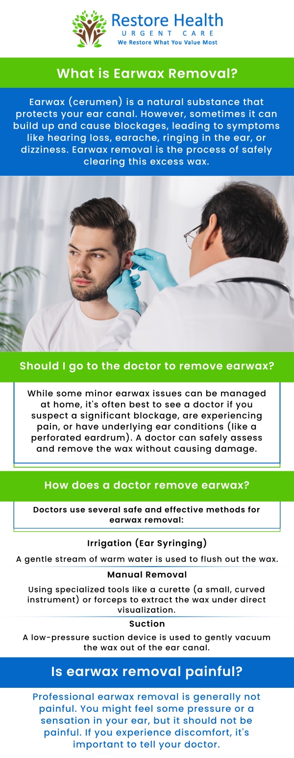 At Restore Health Urgent Care in Palm Bay, FL, our team provides safe and gentle ear wax removal to help relieve clogged ears, pressure, muffled hearing, and discomfort with convenient, patient-focused urgent care. We focus on careful evaluation and comfortable treatment to help restore ear comfort and clearer hearing. For more information, please contact us or book an appointment online. We are conveniently located at 1840 Eldron Blvd SE. Suite 1 Palm Bay, FL 32909. At Restore Health Urgent Care in Palm Bay, FL, our team provides safe and gentle ear wax removal to help relieve clogged ears, pressure, muffled hearing, and discomfort with convenient, patient-focused urgent care. We focus on careful evaluation and comfortable treatment to help restore ear comfort and clearer hearing. For more information, please contact us or book an appointment online. We are conveniently located at 1840 Eldron Blvd SE. Suite 1 Palm Bay, FL 32909.